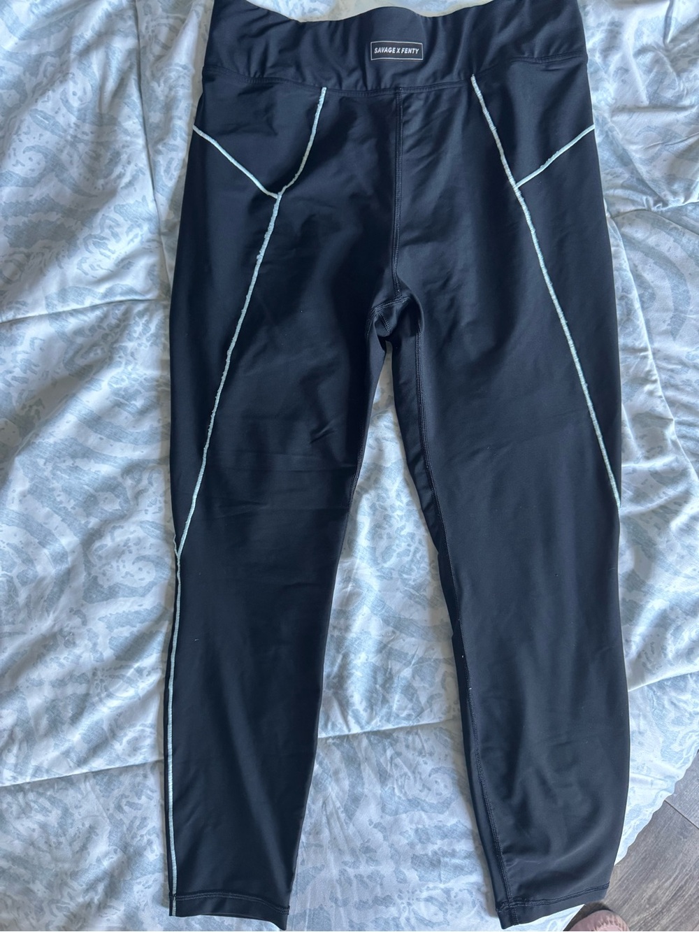 Savage X Fenty Black Leggings with Light Blue Piping